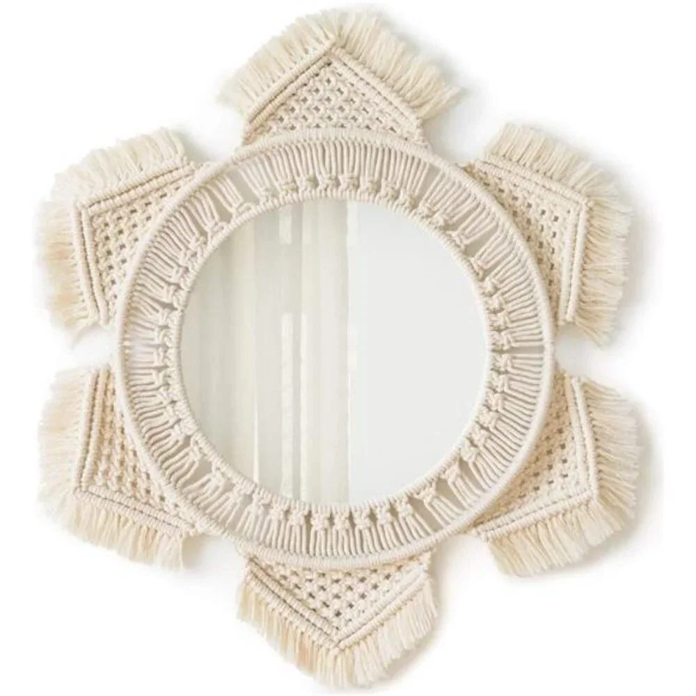 Boho Wall Mirror Decor Round Macrame Hanging Wall Art Decoration for Bedroom